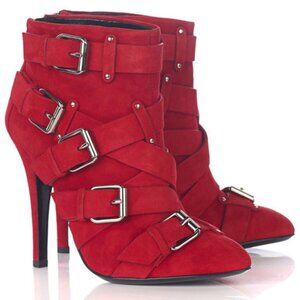 Giuseppe X Balmain Red Suede Buckled Ankle Boots